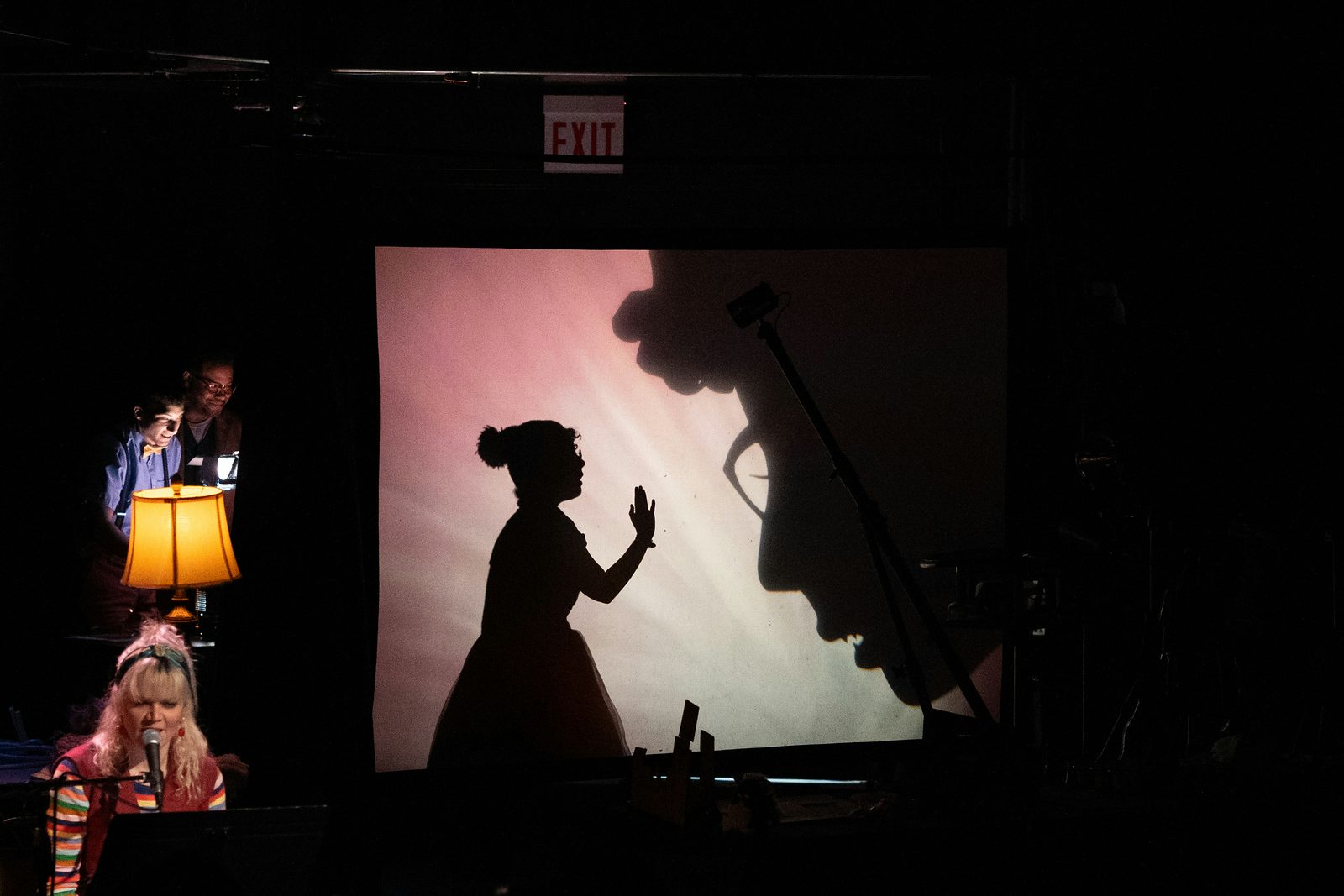 On the left, a person talks in a microphone, and behind them, two people look at large shadow puppets on the right of a girl talking to a big head on a white and pink screen.