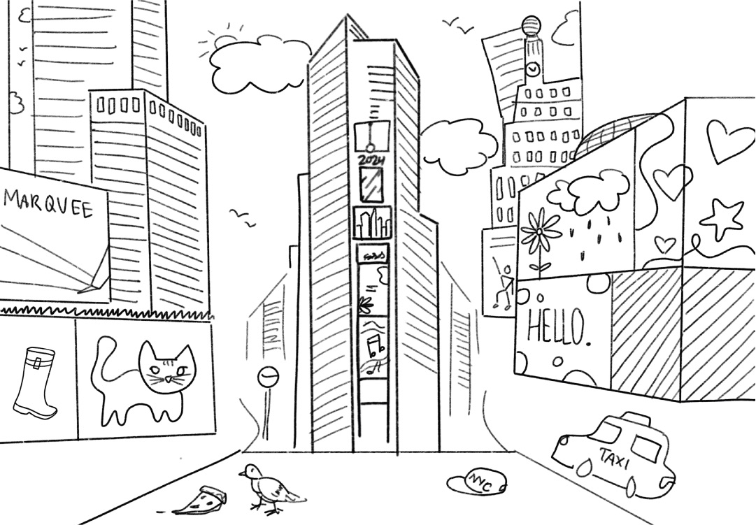 A line drawing of Times Square. One of the billboards features a welly!