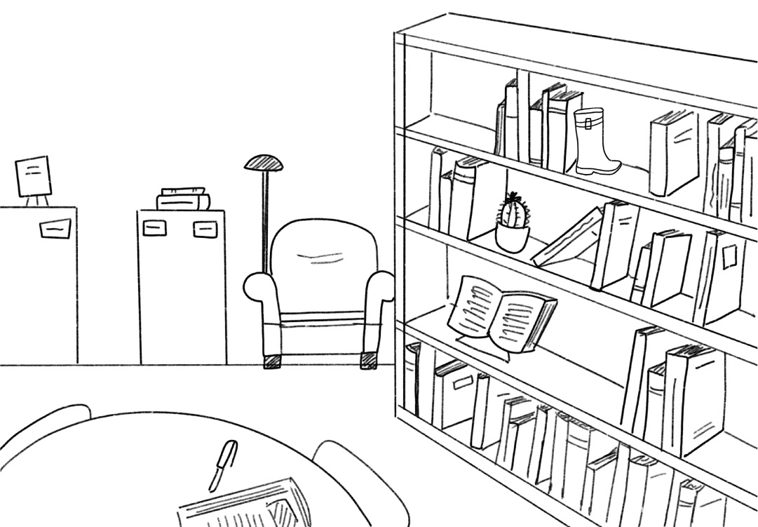 A line drawing of a library. A welly is hiding on a high bookshelf.