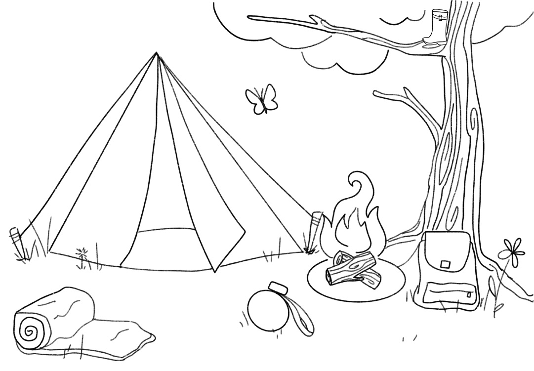 A line drawing of a campsite. A welly is hiding high up in a tree!