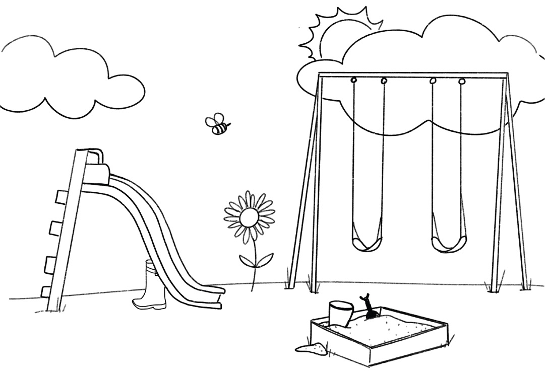 A line drawing of a playground. A welly is hiding under the slide.