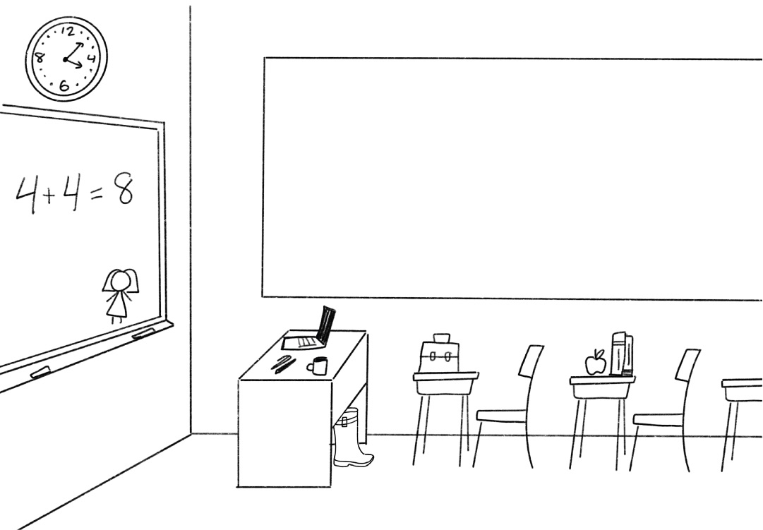 A line drawing of a classroom. A welly is hidden under the teacher's desk.