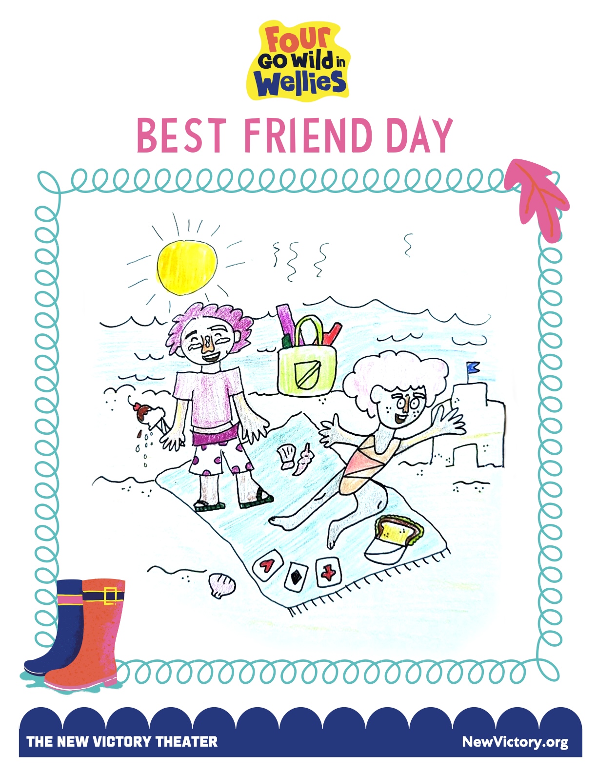 Best Friend Day illustration example, of two friends enjoying the beach on a sunny day, eating sandwiches and ice cream, building sandcastles and playing cards.