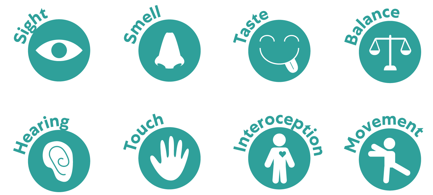 Icons for the eight senses: sight, smell, taste, balance, hearing, touch, interoception and movement.