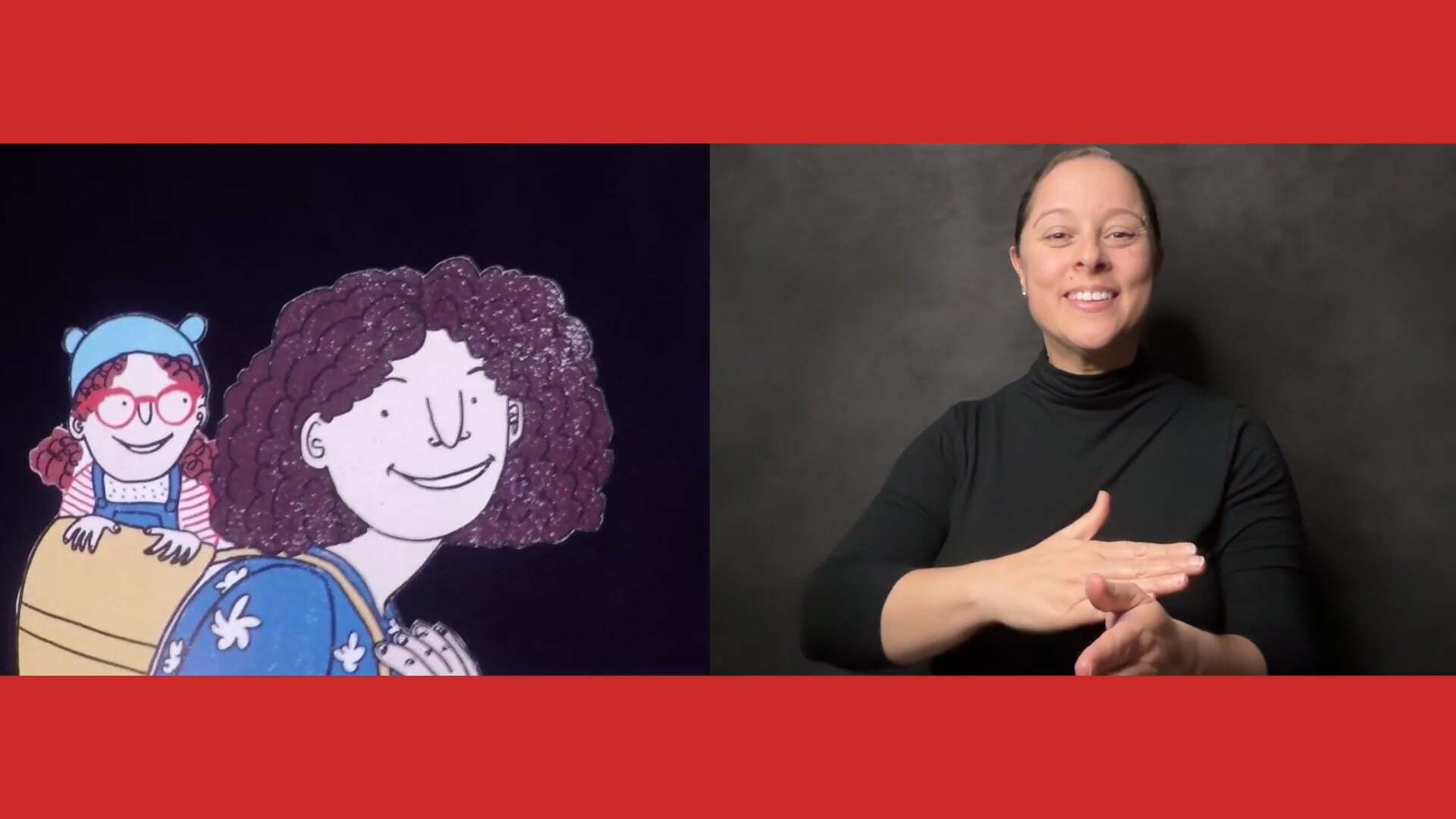On the left, a paper puppet of a woman with curly brown hair holds a smaller kid with red glasses and a blue hat in her backpack, and on the right, an ASL interpreter signs against a gray background.