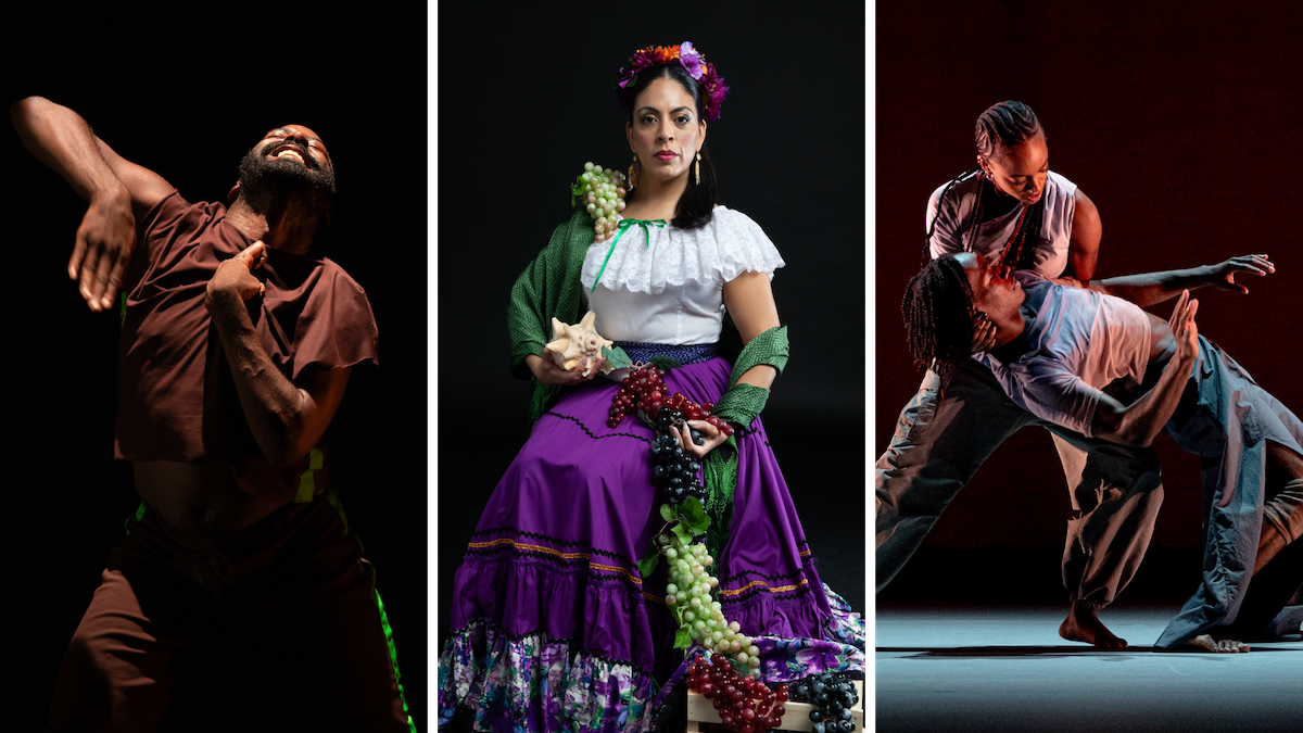 Three photos side by side: Jerron Herman, a young Black dancer in matching maroon pants and sleeveless shirt, smiling with his arms bent in opposite directions; a seated Latina dancer from Calpulli Mexican Dance Company dressed in a traditional china poblana skirt and flower crown, holding a seashell, her body draped with bunches of grapes; and two Black dancers from A.I.M by Kyle Abraham wearing loose fitting pants and shirts in shades of gray, a man leaning backward into the arms of a woman.