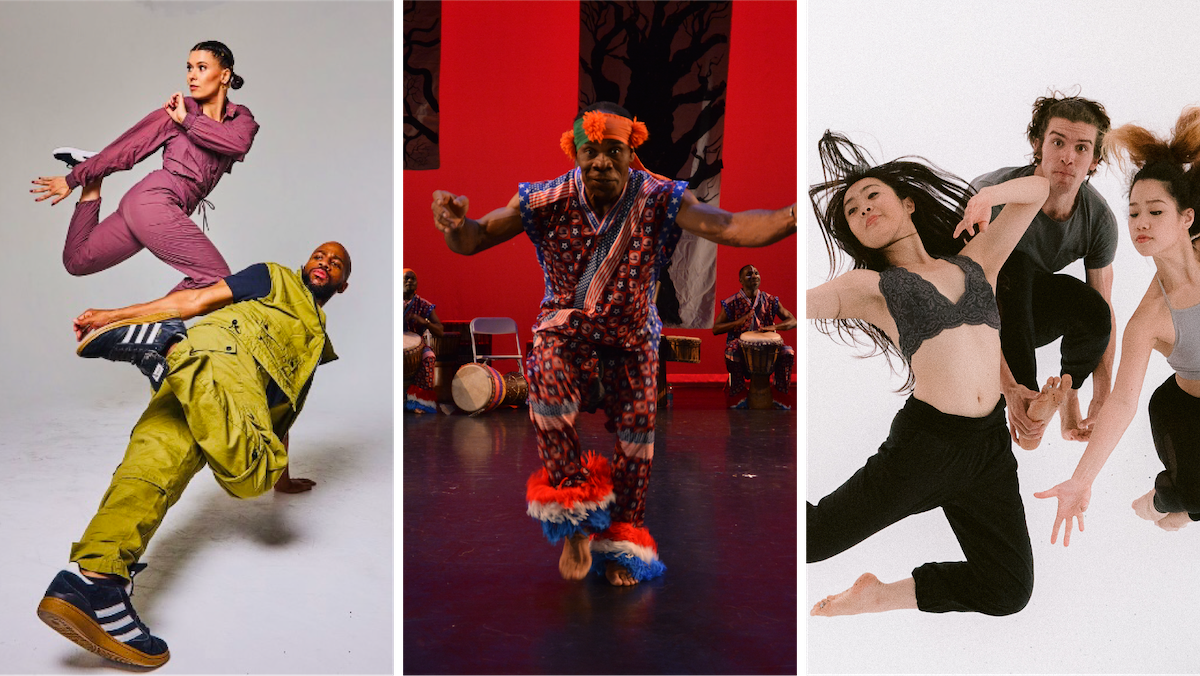 Three photos side by side: two dancers in monochrome sportswear, a woman in mauve and a man in chartreuse, from Ephrat Asherie Dance; Vado Diomande from Kotchenga Dance Company, a Black man in colorful Ivorian costume with red white and blue feathers around his ankles, a green and red pom-pommed headband and a jumpsuit of many patterns; and three dancers from Barkin Selissen Project, two Asian women and a white man, mid-air in lightweight black and grey pants and tops.