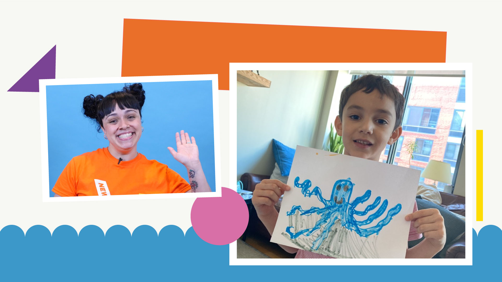 A collage of two photos—Siobhan from New Victory Education in an orange t-shirt, and a little boy holding up a drawing of an octopus. The photos are surrounded by colorful geometric shapes.