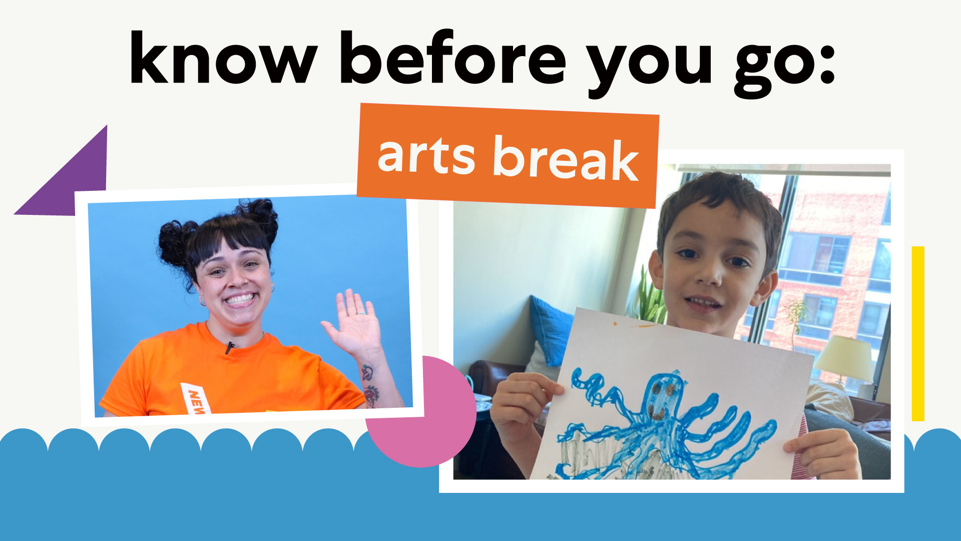 At the top, "Know Before You Go" in bold text with the subtitle "Arts Break" beneath it in an orange rectangle. Beneath these, a collage of two photos—Siobhan from New Victory Education in an orange t-shirt, and a little boy holding up a drawing of an octopus. The photos are surrounded by colorful geometric shapes.