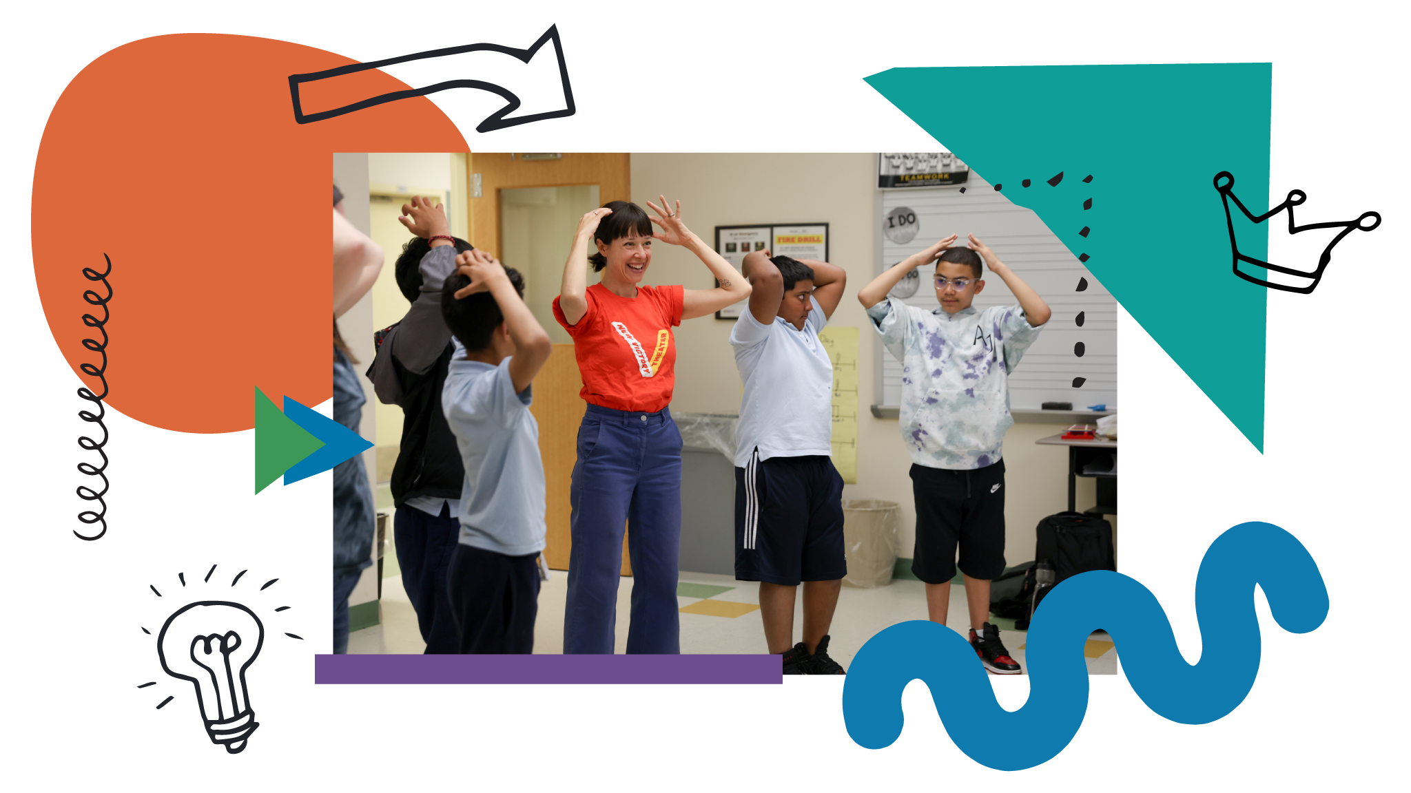 A teaching artist and kids raising their hands to the side of their heads