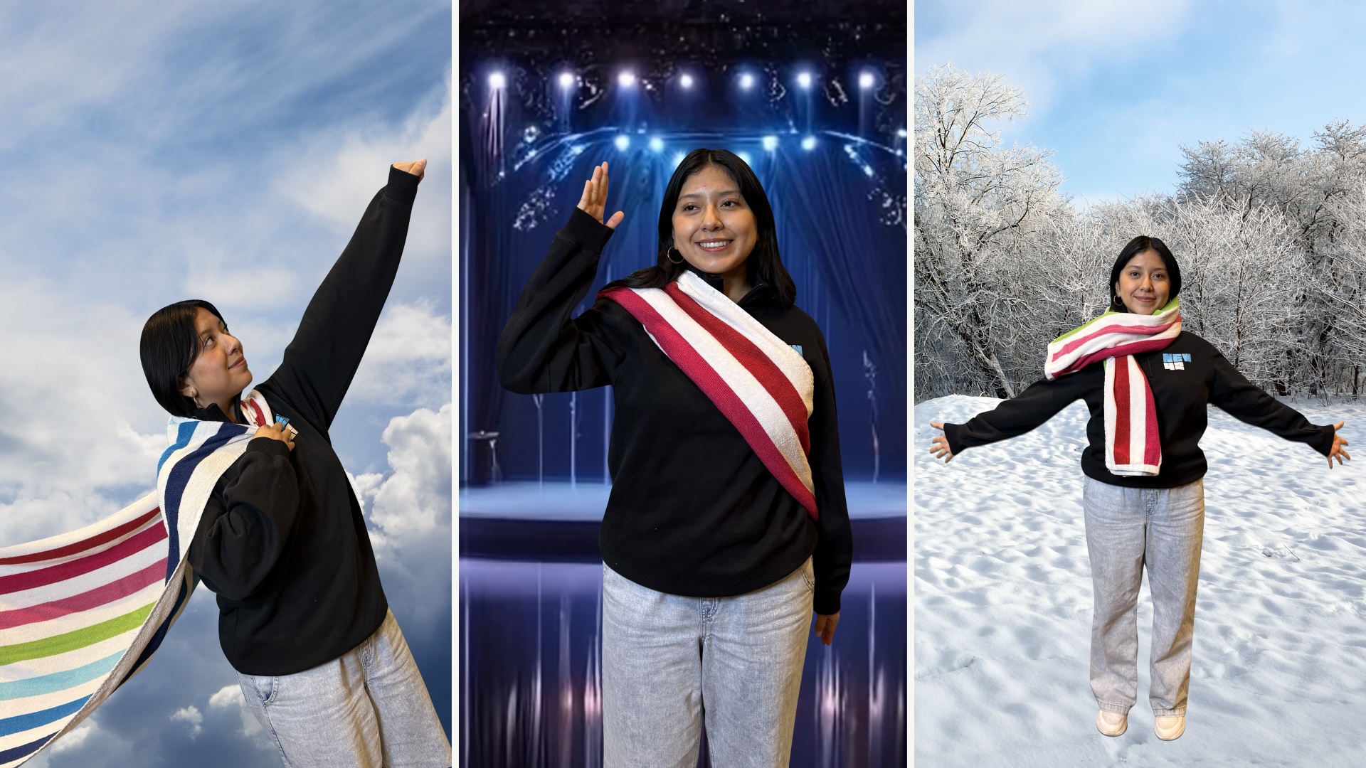 Shirley poses as three different characters: a superhero in the clouds, a pageant winner on stage and a snowman in the snow.