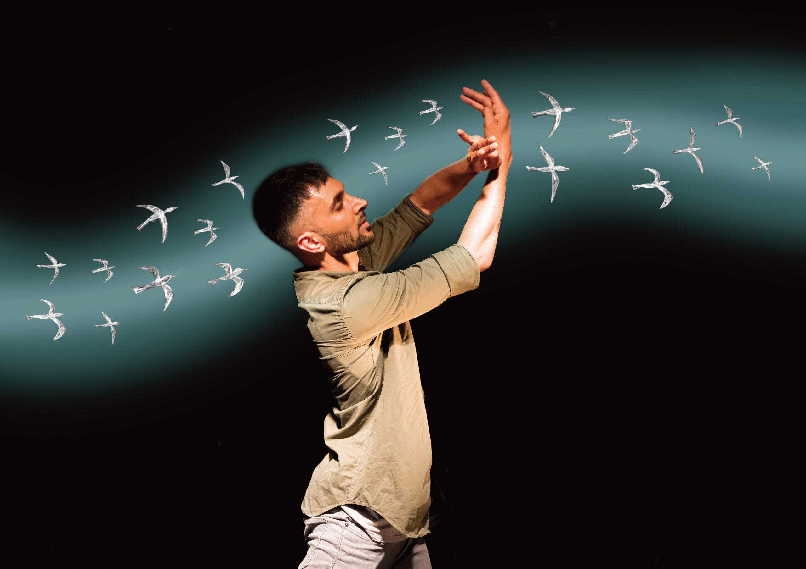 A male-presenting dancer in motion with birds in a stream behind him.