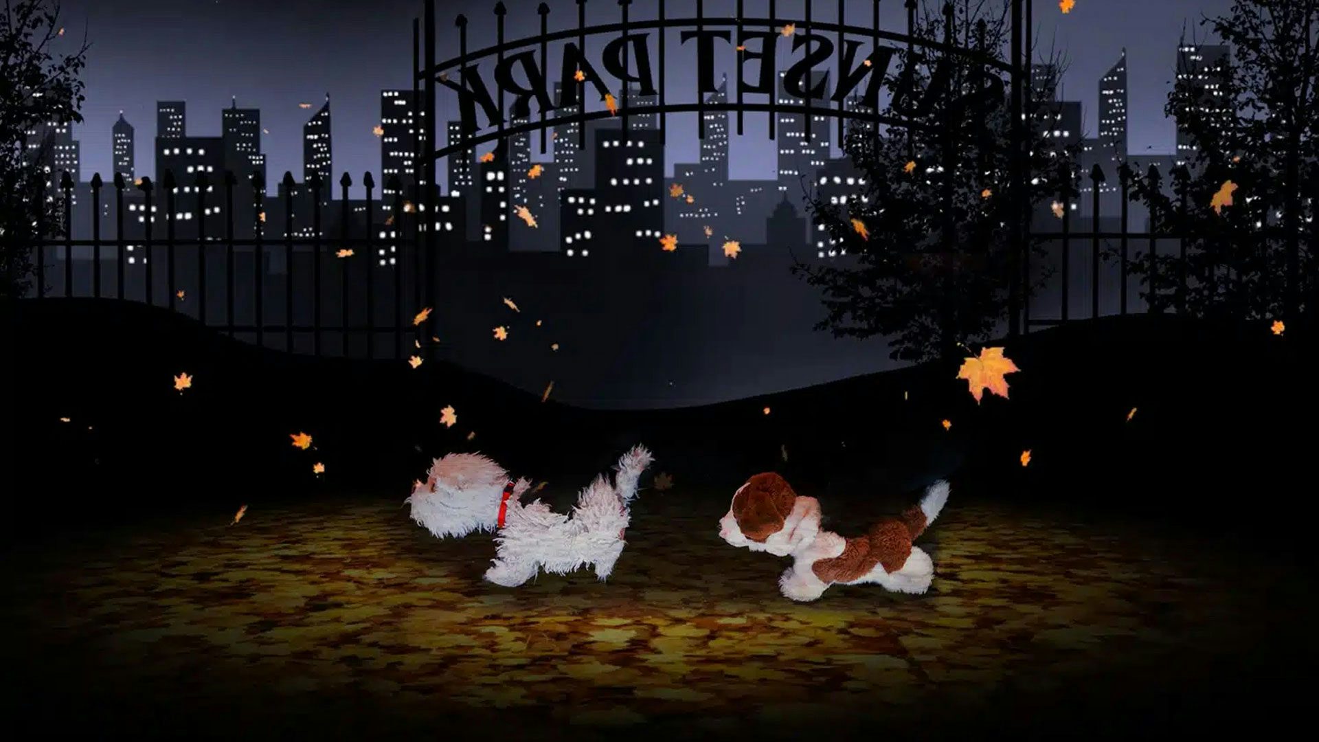 A fluffy white dog puppet wearing a red collar and a puppet of a white dog with brown spots run towards the left as orange maple leaves fall to the ground. They pass by silhouettes of trees and a fence with a gate that reads "Sunset Park." The background shows a dark sky and a nighttime cityscape silhouette.
