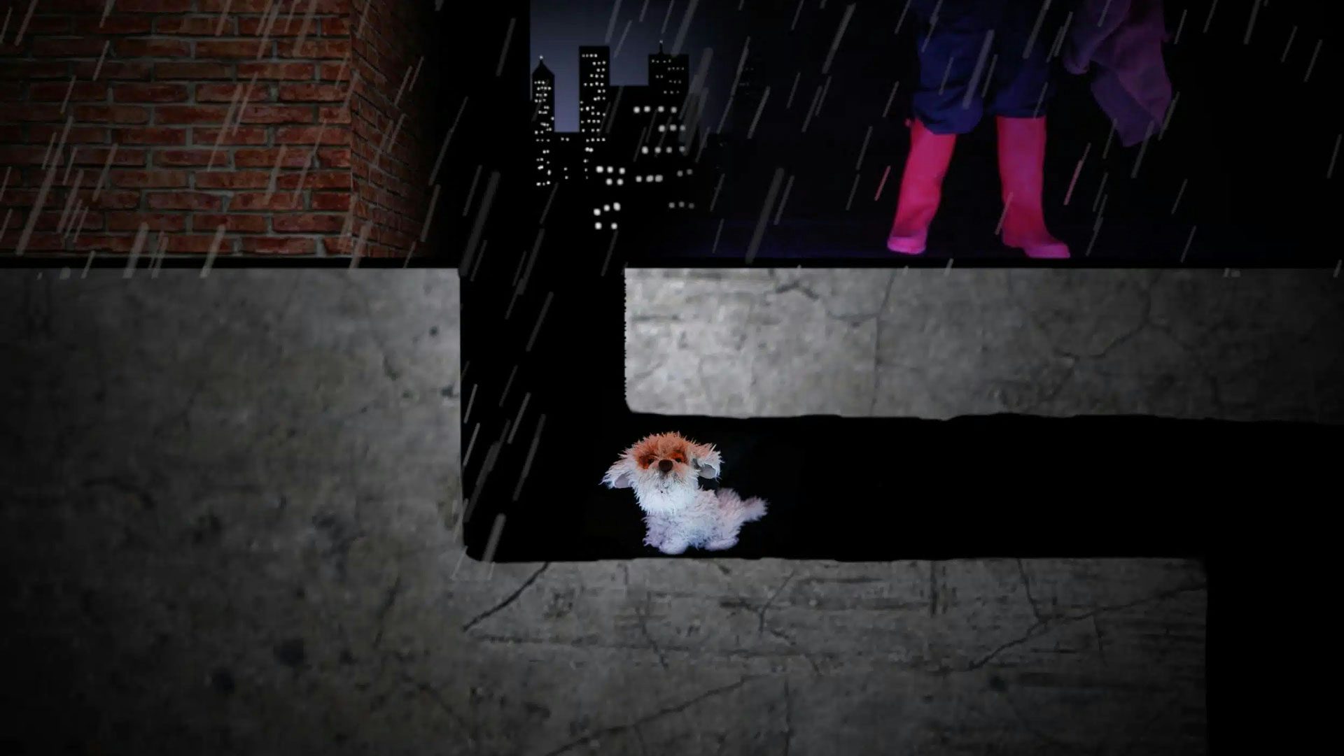 A fluffy white dog puppet stands in a dark underground tunnel looking at the audience. It is raining. Above ground, a person stands in pink rain boots and purple clothes. The background has a nighttime cityscape silhouette.