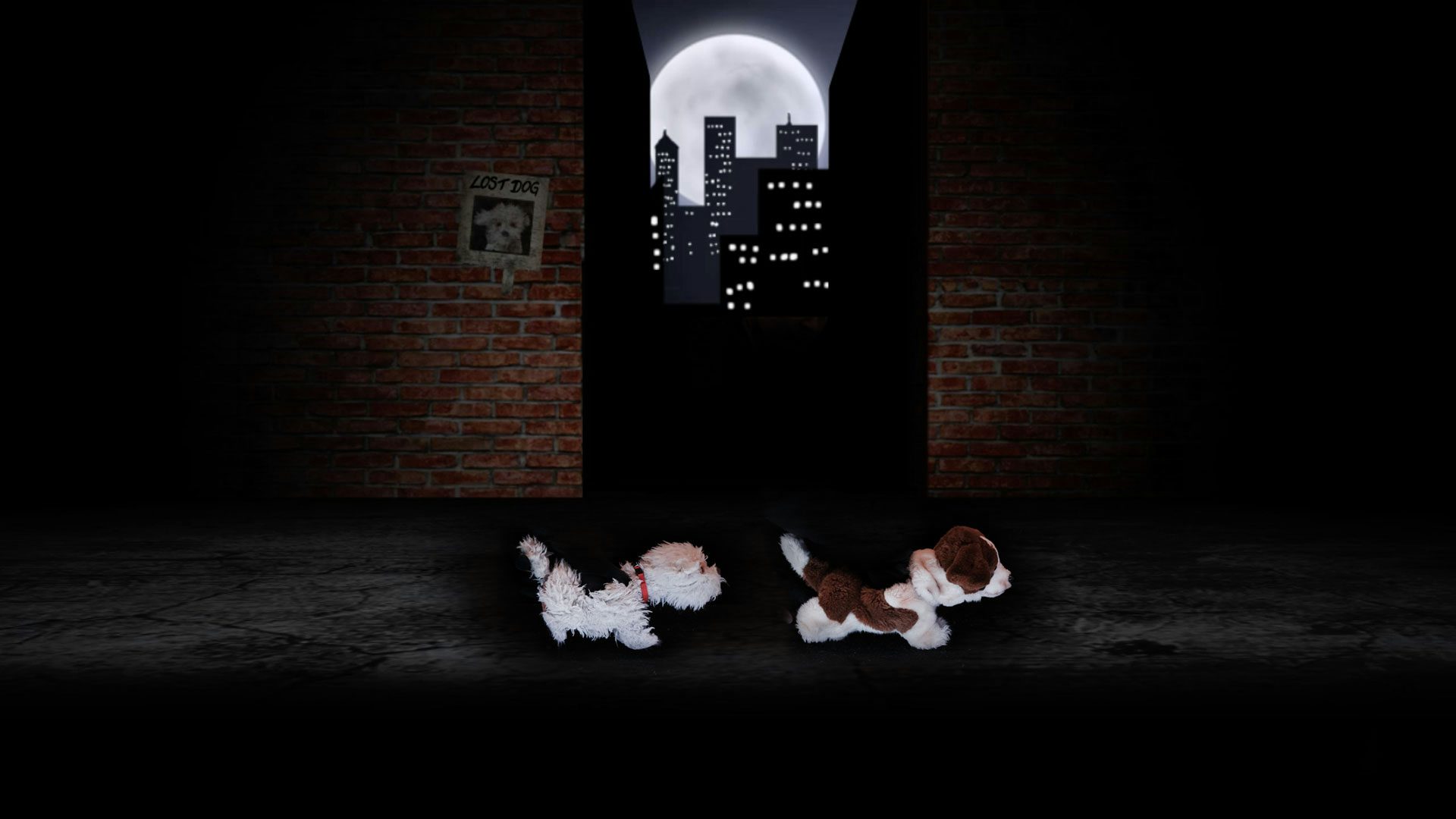 A fluffy white dog puppet wearing a red collar and a puppet of a white dog with brown spots run towards the right. In the background, a lost dog poster with a picture of a fluffy white dog hangs on a brick wall in a nighttime cityscape silhouetted by a full moon.