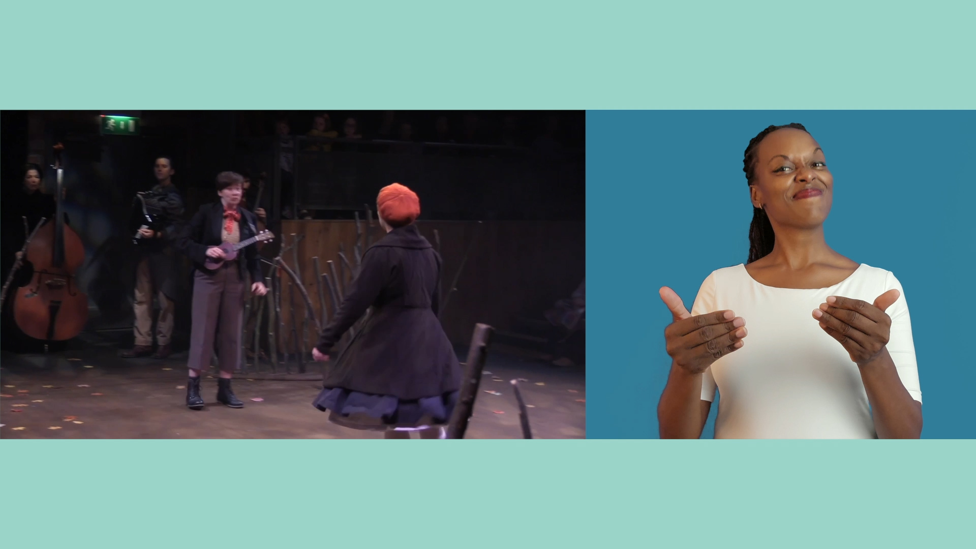 On the left, three musicians look at a girl in a red hat facing away from the camera. On the right, an ASL interpreter signs against a blue background.