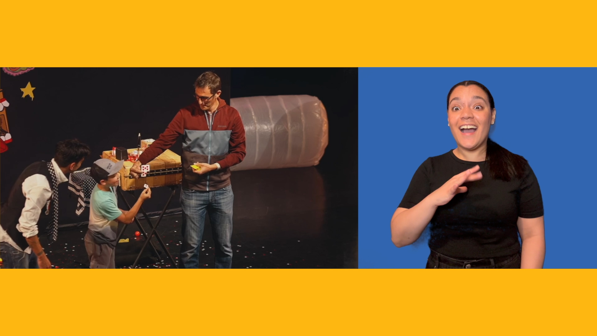 On the left, a man watches another man and a boy hold parts of a ripped playing card. On the right, an ASL interpreter signs against a blue background.