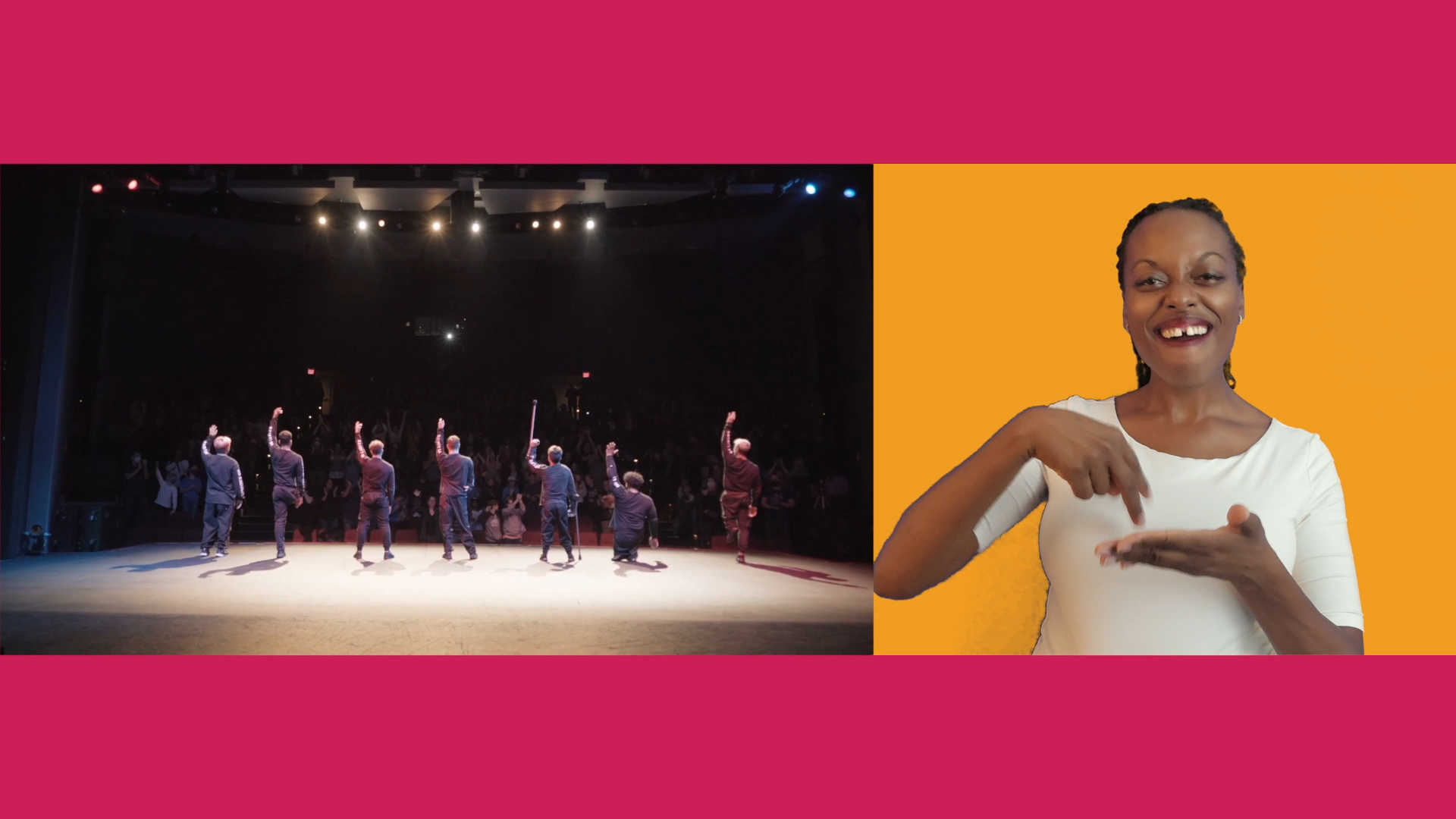 On the left, seven disabled dancers on a stage stand side by side, holding up their left arms, as they face the audience away from the camera. On the right, an ASL interpreter signs against an orange background.