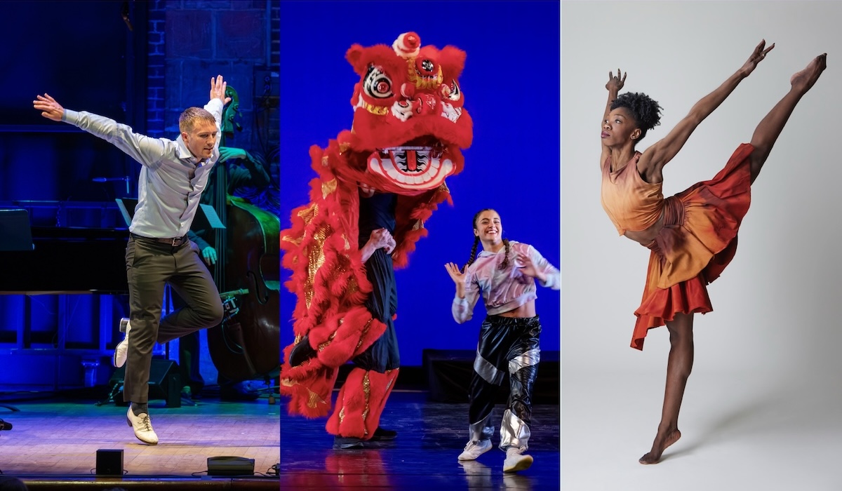 A triptych of three photos: Luke Hickey in a blue dress shirt and black slacks tap dancing with his arms spread wide; a female dancer from Nai-Ni Chen Dance Company in a purple tie-dye crop hoodie and black and silver pants alongside a Chinese lion dancer with furry red accents; and a female dancer from Ronald K. Brown / EVIDENCE, A Dance Company, in an orange and red skirt and sleeveless top in an arabesque pose