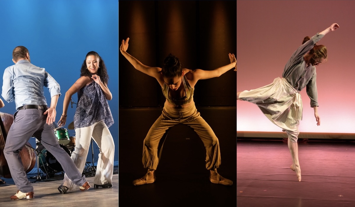 A triptych of three photos: A pair of dancers from Max Pollak Group mid-dance in front of a drum set: a male dancer in blue slacks and a dress shirt and a female dancer in cream wide-legged pants and a flowy, blue paisley halter top, both in tap shoes; a barefoot female dancer from Thresh Dance in tan pants and tank top bent forward with legs and arms wide; and a dancer from Reggie Wilson / Fist and Heel Performance Group in loose-fitting cream pants and a gray shirt mid-arabesque.