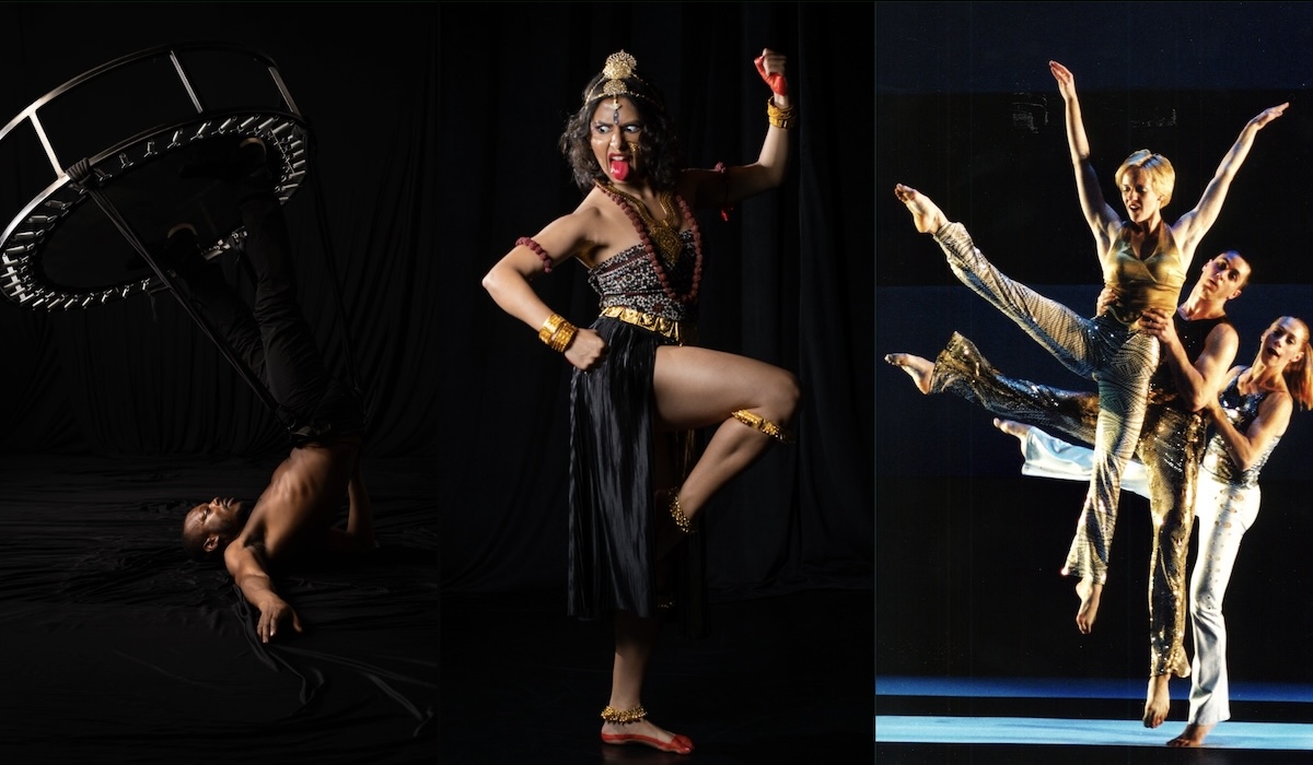 A triptych of three photos: a Black male dancer from RudduR Dance on his back with his legs in the air and a small trampoline strapped to his waist and counterbalanced on his feet; Ishita Mili, a female Bengali dancer, stands on one foot with her other leg lifted, arms bent with one hand at her waist and the other raised in a fist painted red; and three white dancers from Seán Curran Company in sparkly pants and tank tops lined up with the rear dancer lifting the middle dancer and the middle dancer lifting the front dancer.