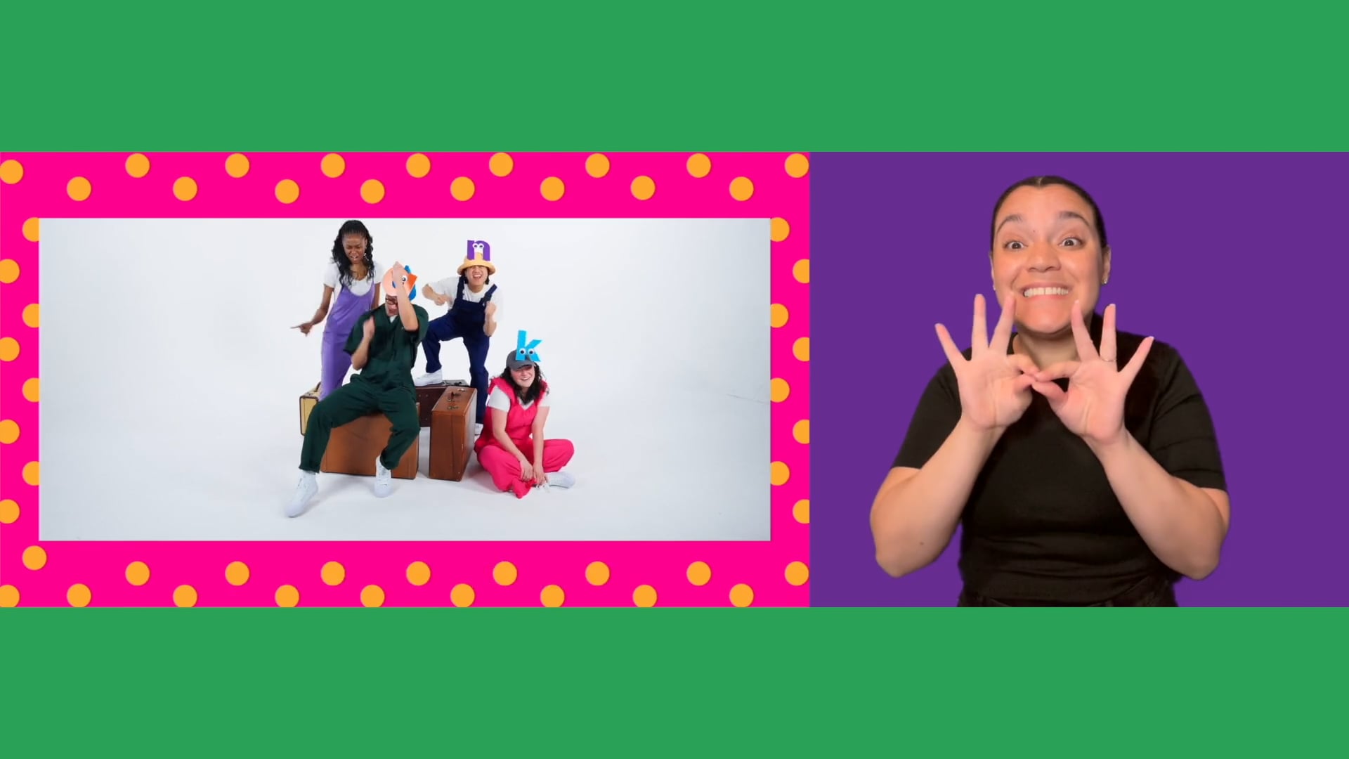 On the left, four people sit on suitcases against a white background. On the right, an ASL interpreter signs against a purple background.