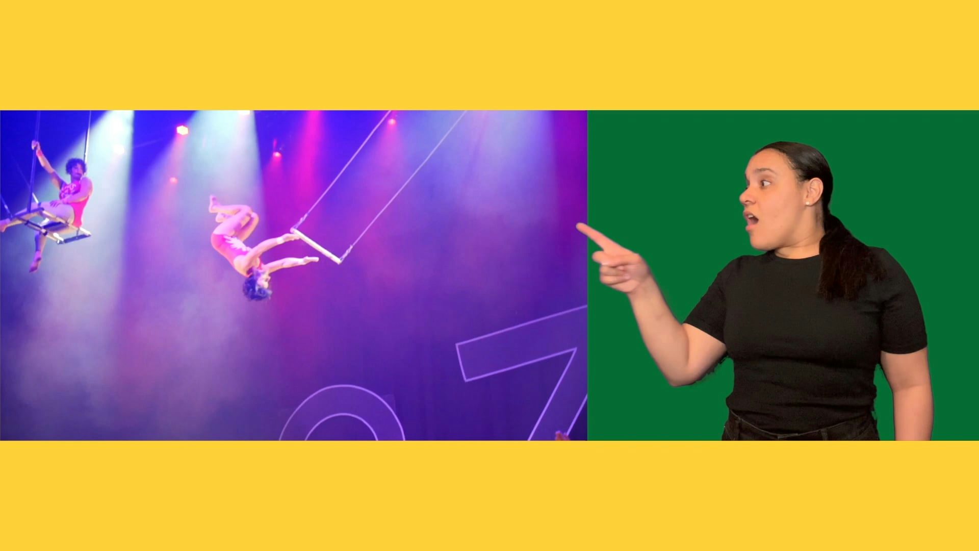 A woman wearing a black shirt using ASL to interpret what is happening next to her.