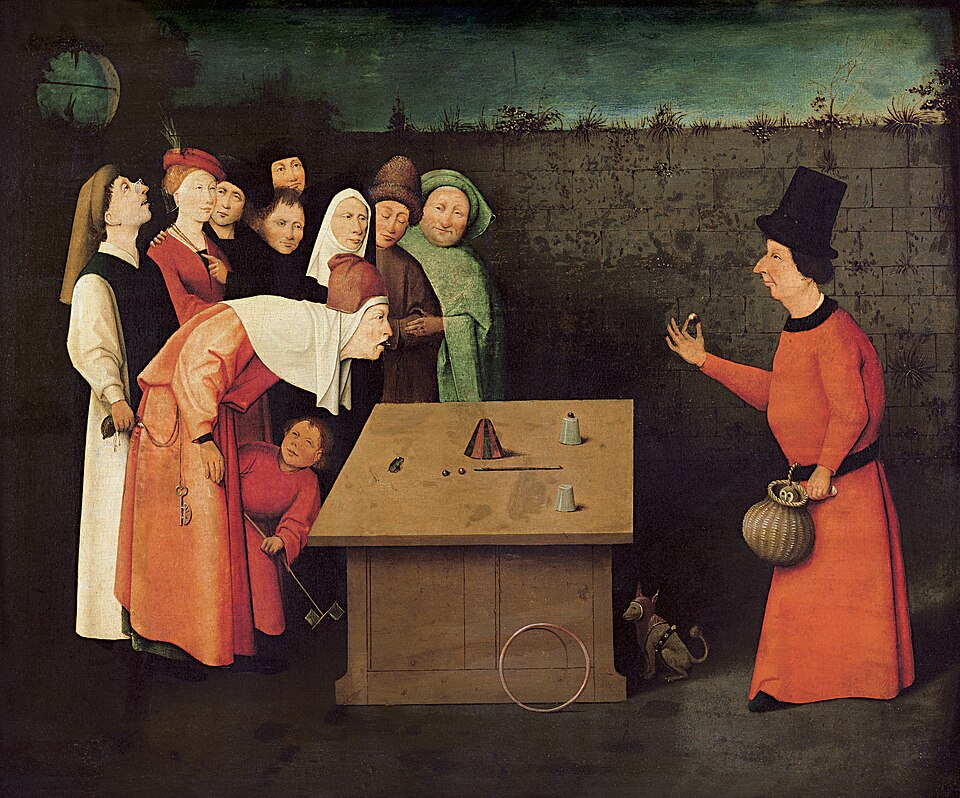 Painting of an acient roman group watching a magician perform a magic trick with cups and dice.